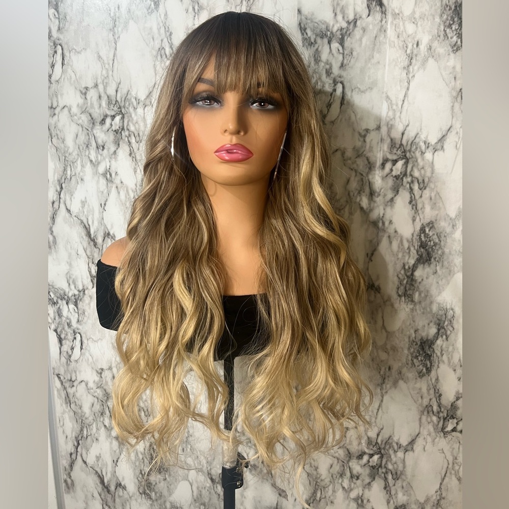 24 Inch Ombre Brown Rooted & Blonde highlights Wavy Hair with bangs  Lon… - Picture 2 of 11